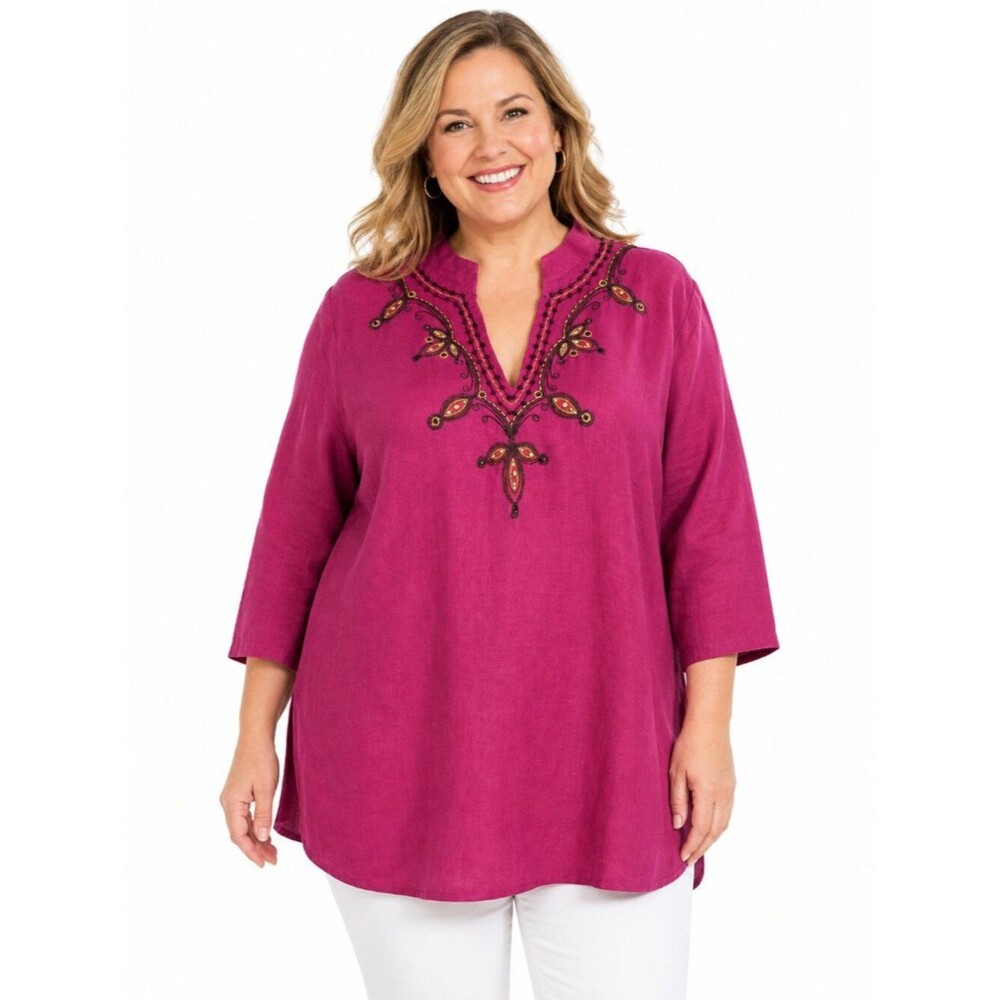 JM Collection Plus Fuchsia Pink Linen Embellished Tunic Top Size 20W NWOT